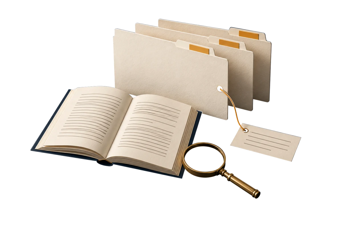 Reference books and source folders connected by an amber thread